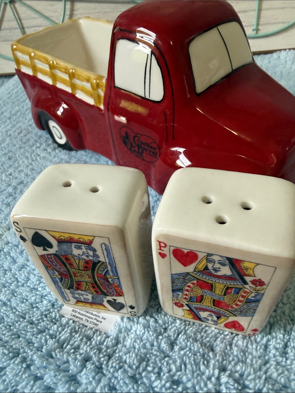 Ceramic Red Vintage Truck and Mini Salt and Pepper Poker Playing cards.